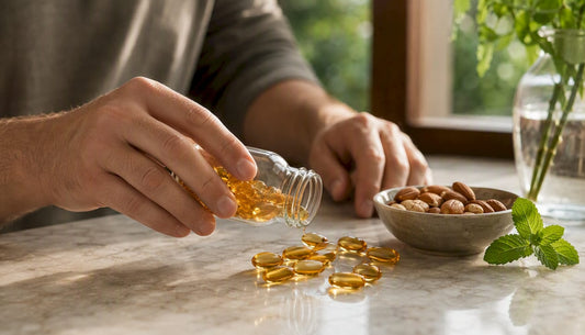 Hands pouring omega-3 capsules on wood table