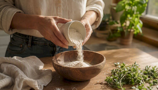 Hands measuring magnesium powder on kitchen counter