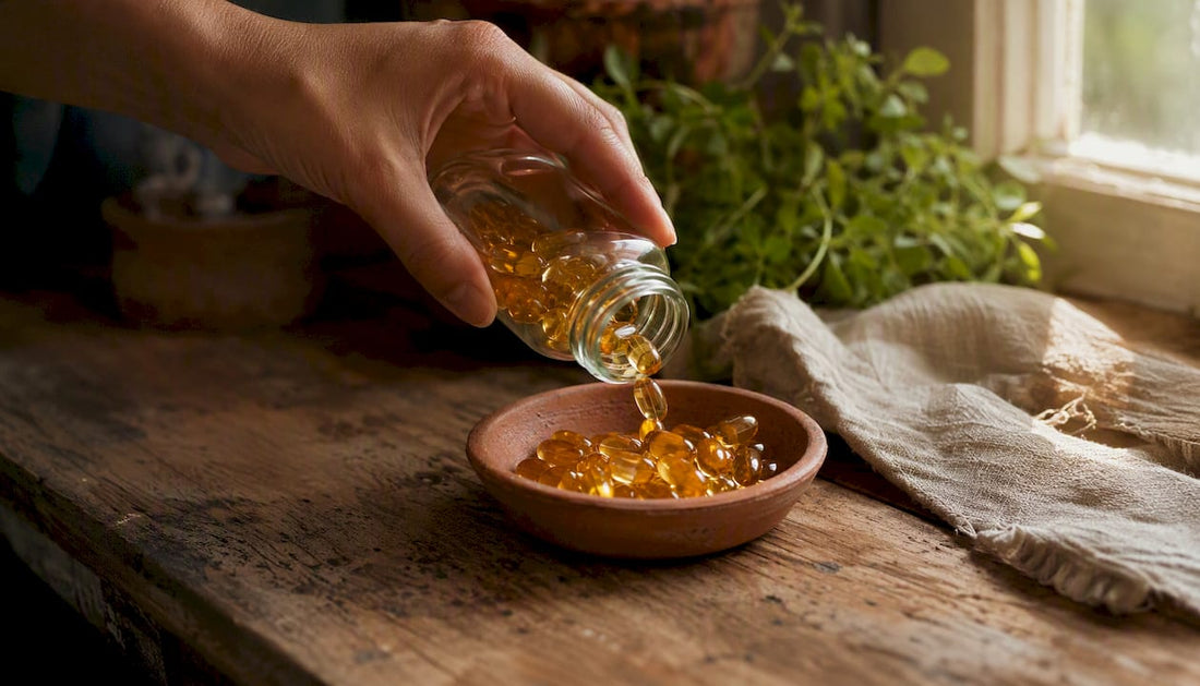 Hand pouring omega-3 capsules on spoon
