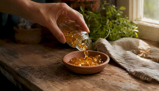 Hand pouring omega-3 capsules on spoon