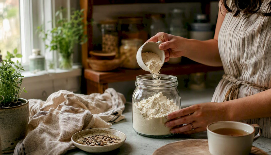 Hand scooping whey protein powder