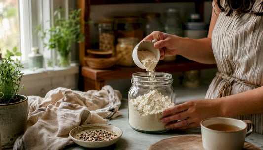 Hand scooping whey protein powder