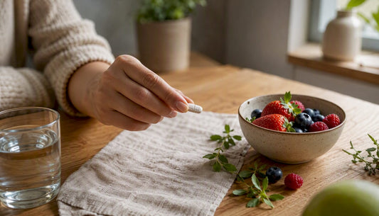 Hand holding Zincovit tablet over dish