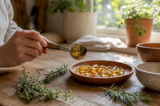 Omega-3 capsules and fish oil on wooden board