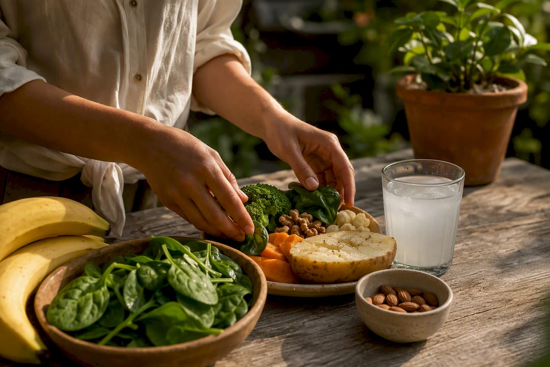 Hands arranging fresh electrolyte rich foods on wooden table
