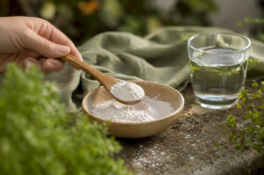 Spoon scooping magnesium powder on kitchen counter