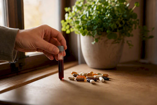 Hand placing blood sample by vitamin capsules