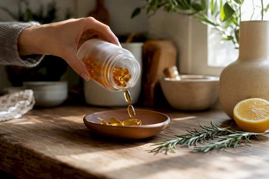 Hand pouring fish oil capsules onto plate