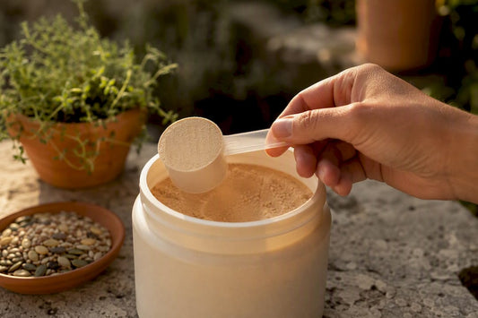 Hand scooping whey protein powder