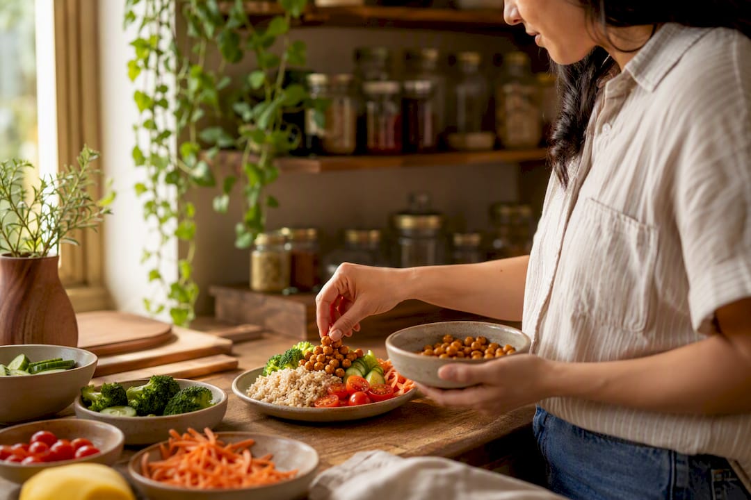 Hands arranging DASH diet meal with vegetables
