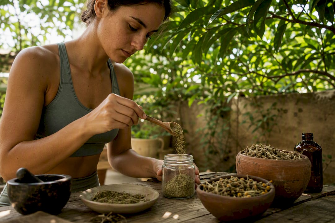 Athlete measuring plant-based supplement in kitchen