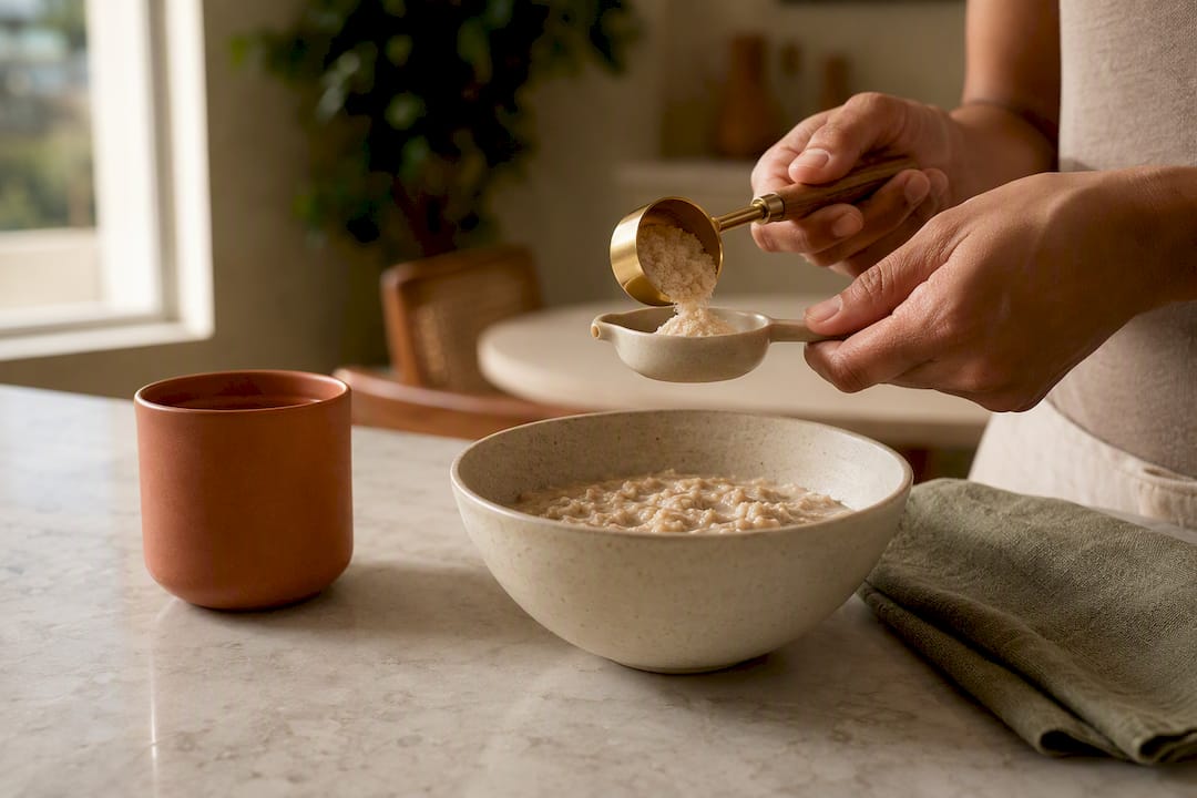 Measuring protein powder for breakfast oatmeal