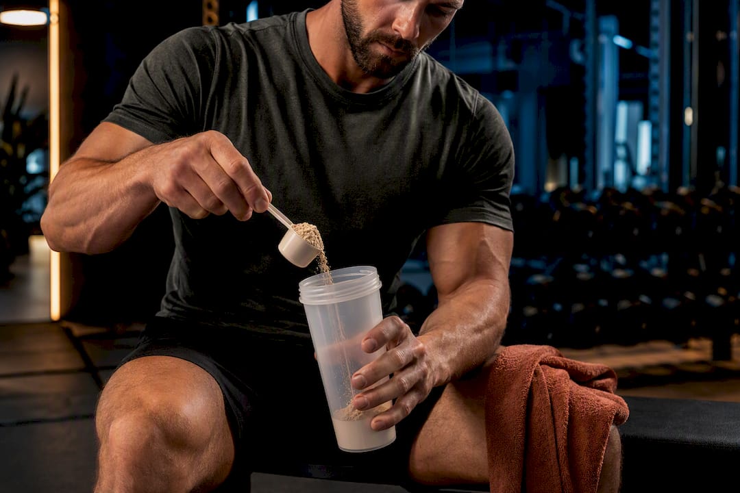 Lifter preparing plant protein after training