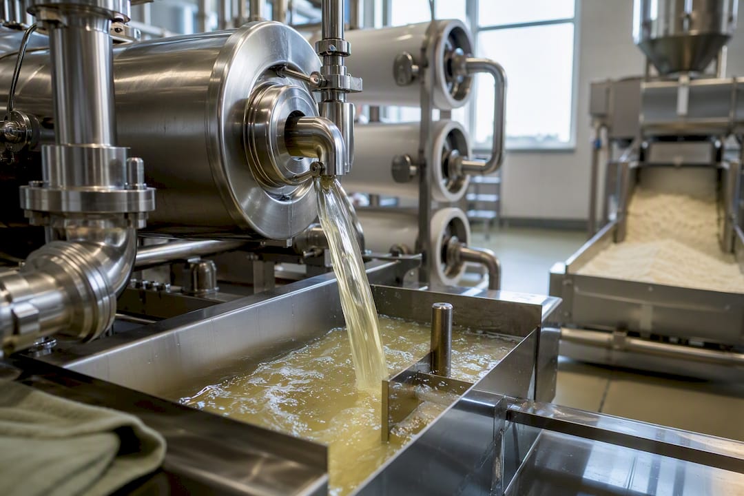 Liquid whey moving through filtration equipment