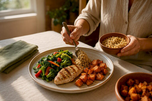 Balanced plate with vegetables protein and grains
