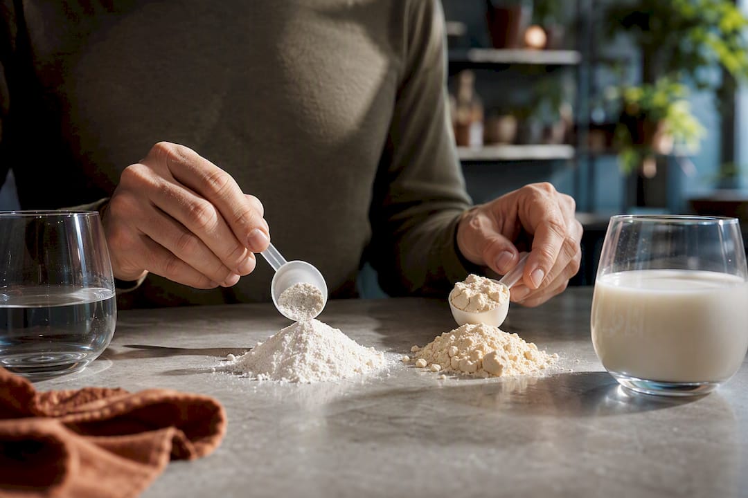 Hands comparing protein powder samples