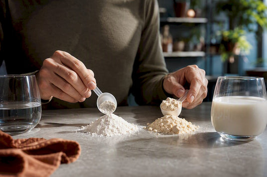 Hands comparing protein powder samples