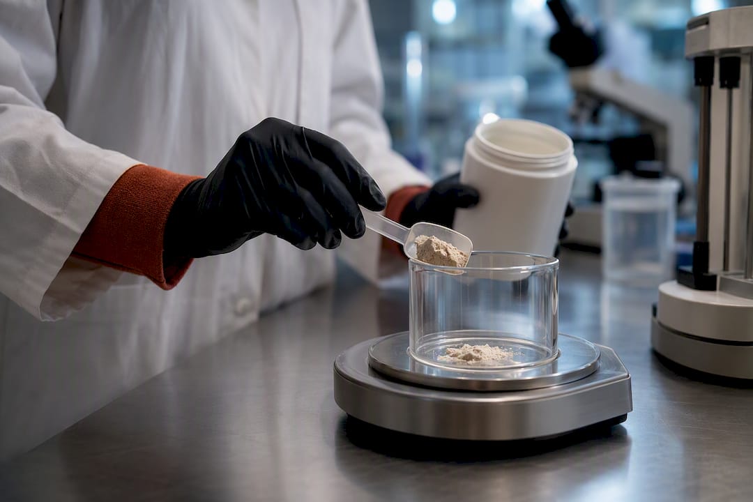 Technician preparing protein powder for testing