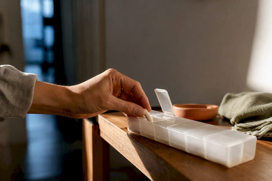 Hand placing anonymous capsule into organizer