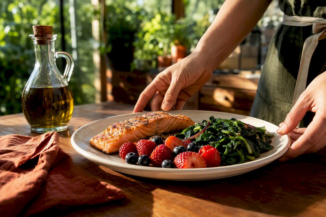 Salmon greens and berries eye health plate