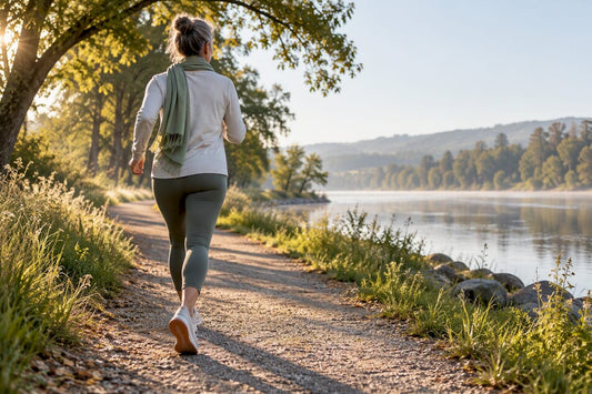 Adult briskly walking along riverside path