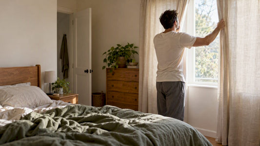 Adult opening curtains in a calm bedroom