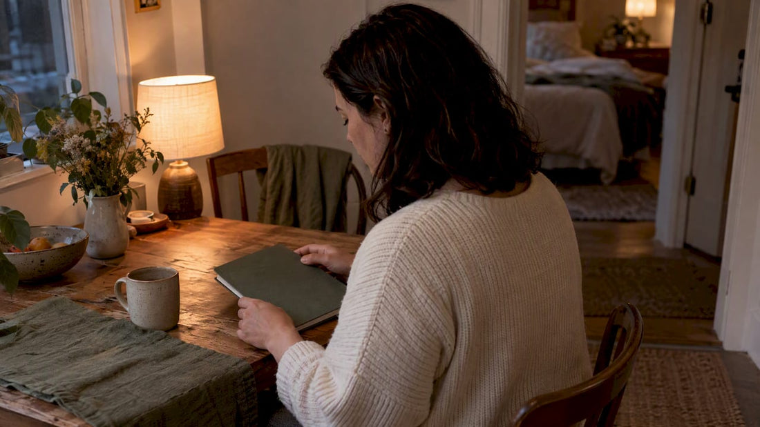 Woman closing notebook during evening wind-down