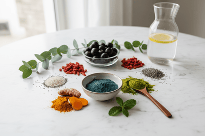 Nutribliss Superfood Collection picture showing raw products on a table.