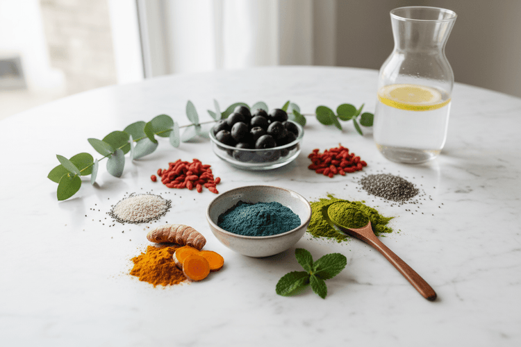 Nutribliss Superfood Collection picture showing raw products on a table.