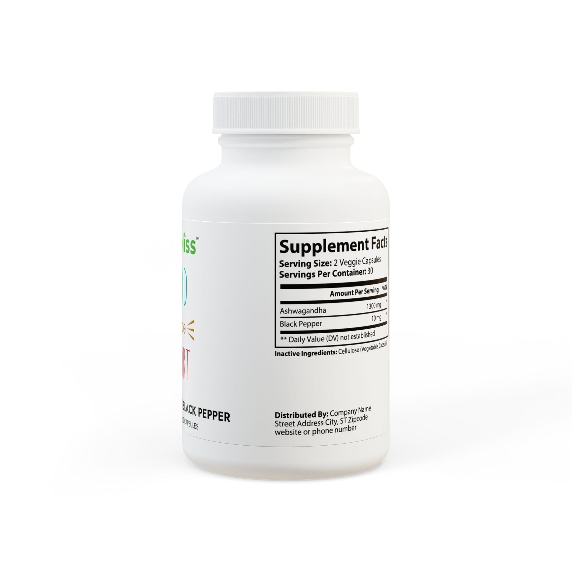 White supplement bottle with label on a white background