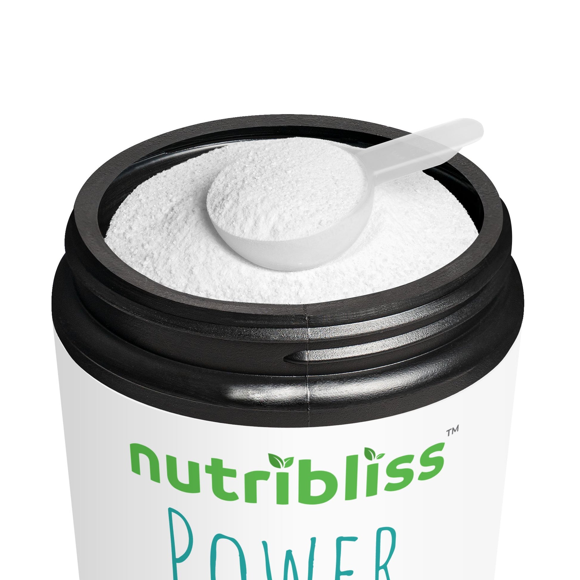 Nutribliss protein powder container with a scoop on a white background