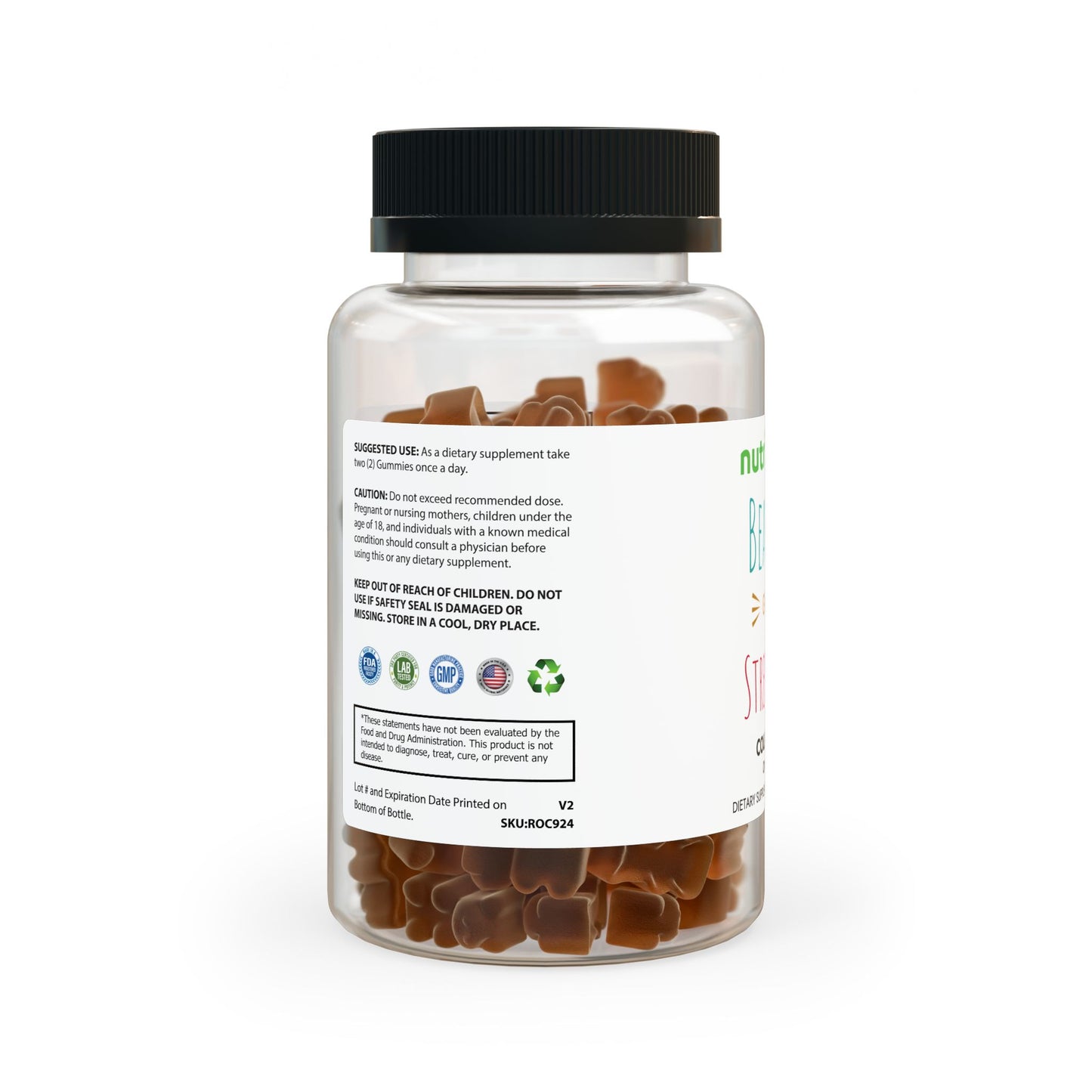 Supplement bottle with a clear lid and label on a white background