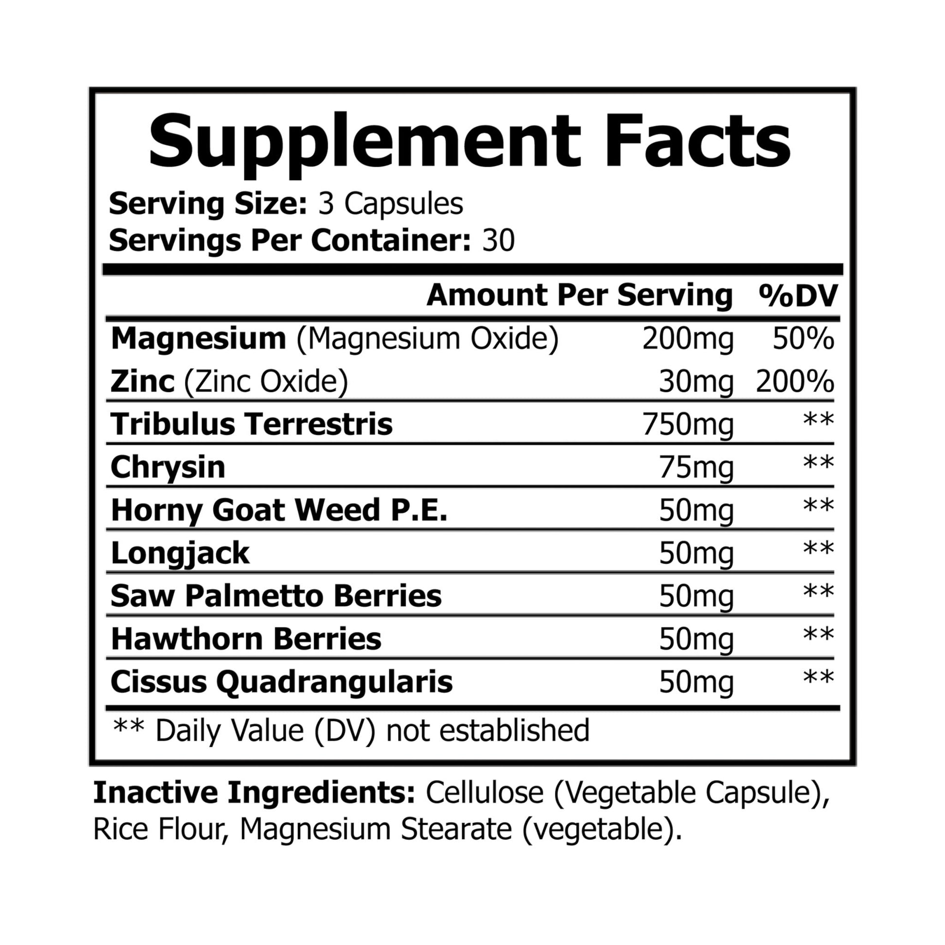 Supplement facts label of Advanced Mag-Zinc blend with Tribulus, Longjack & Horny Goat Weed. Supports muscle growth, faster recovery, stamina, and athletic performance. 90 capsules.