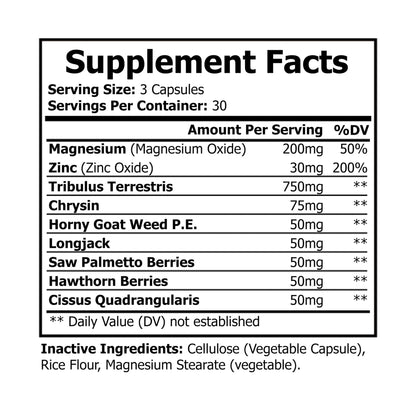 Supplement facts label of Advanced Mag-Zinc blend with Tribulus, Longjack & Horny Goat Weed. Supports muscle growth, faster recovery, stamina, and athletic performance. 90 capsules.