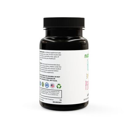 Black supplement bottle with label on a white background
