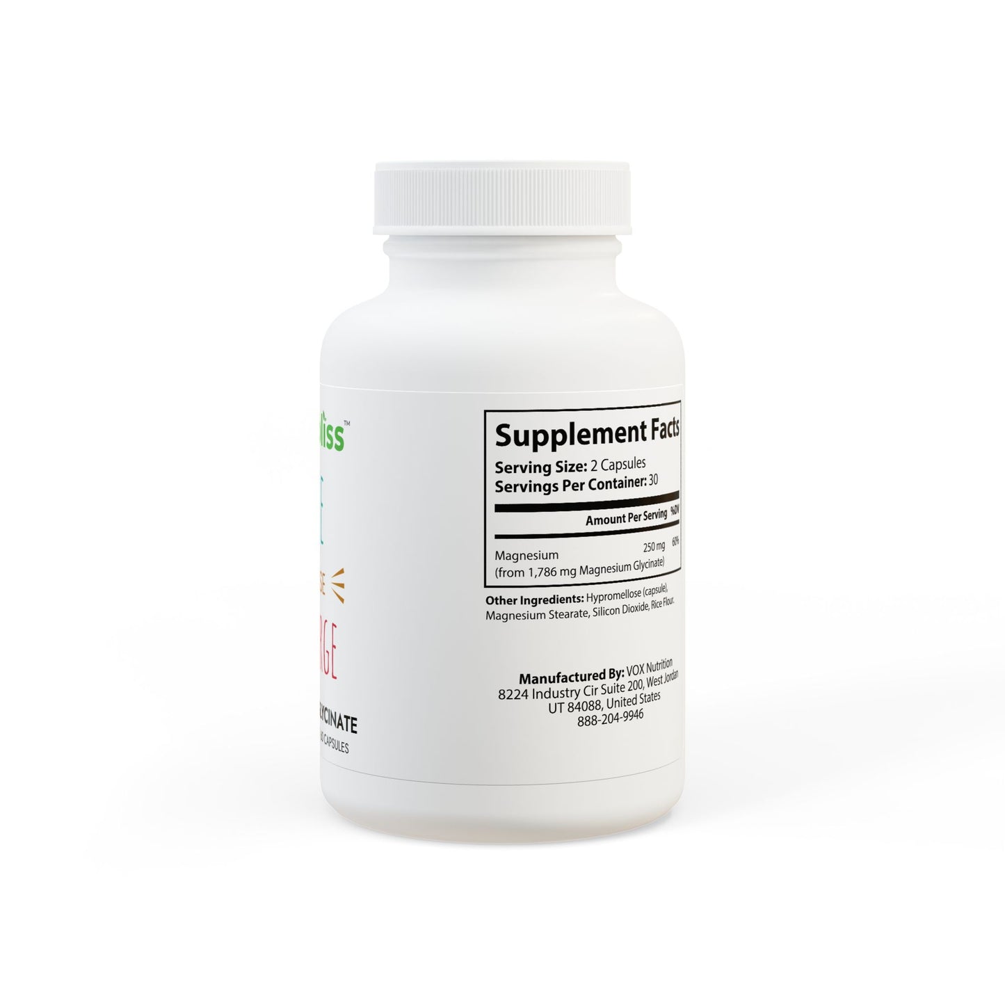 White supplement bottle with label on a white background