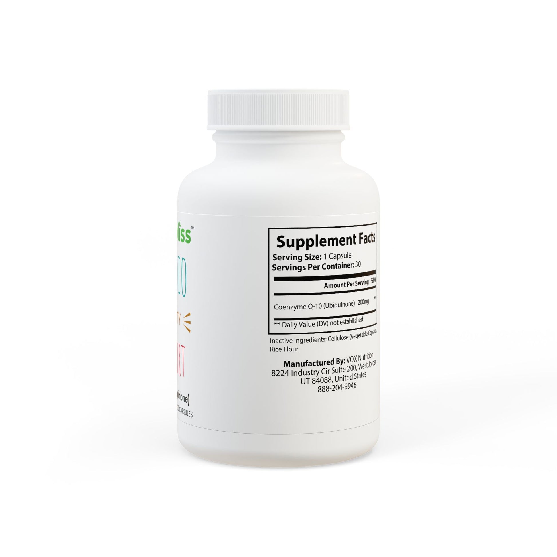White supplement bottle with label on a white background