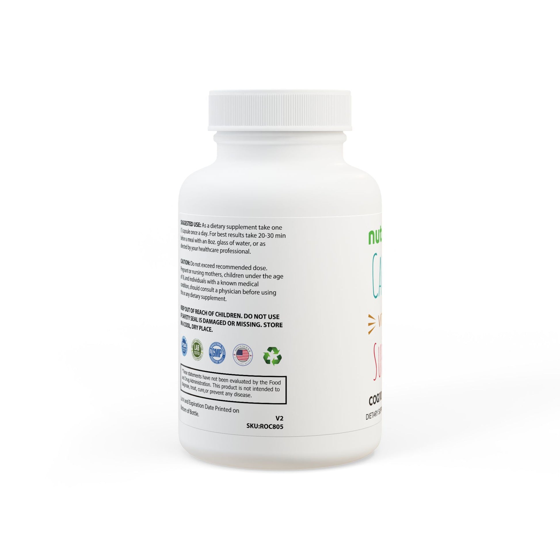 Supplement bottle with label on a white background