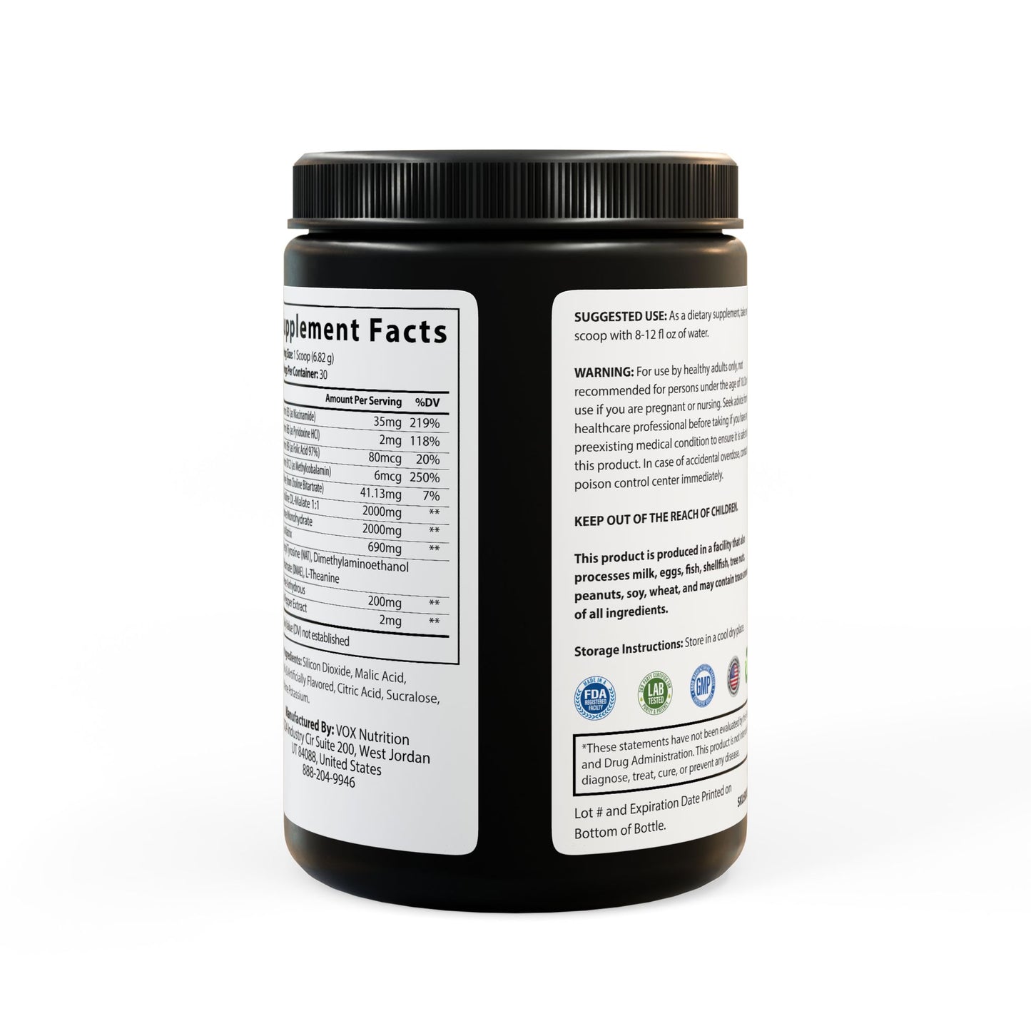 Black supplement container with white label on a white background