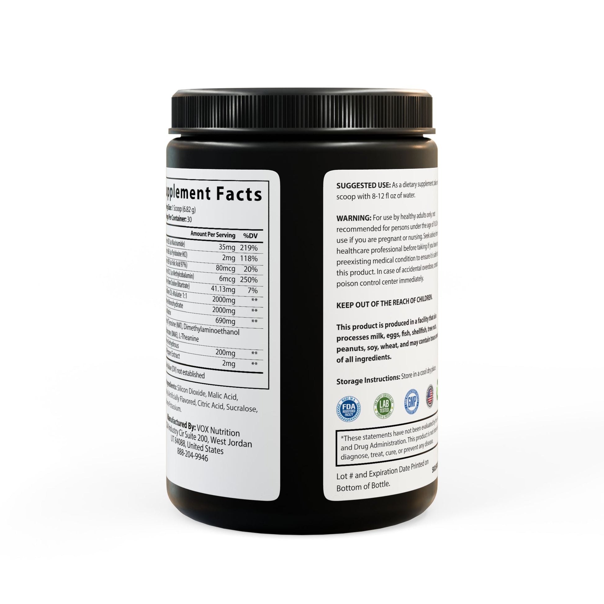 Black supplement container with white label on a white background