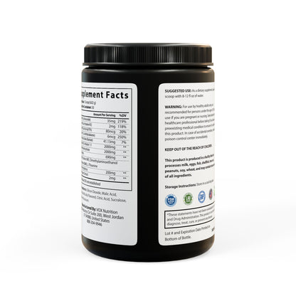 Black supplement container with white label on a white background
