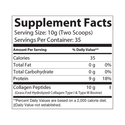Supplement facts label for a product with collagen peptides on a white background