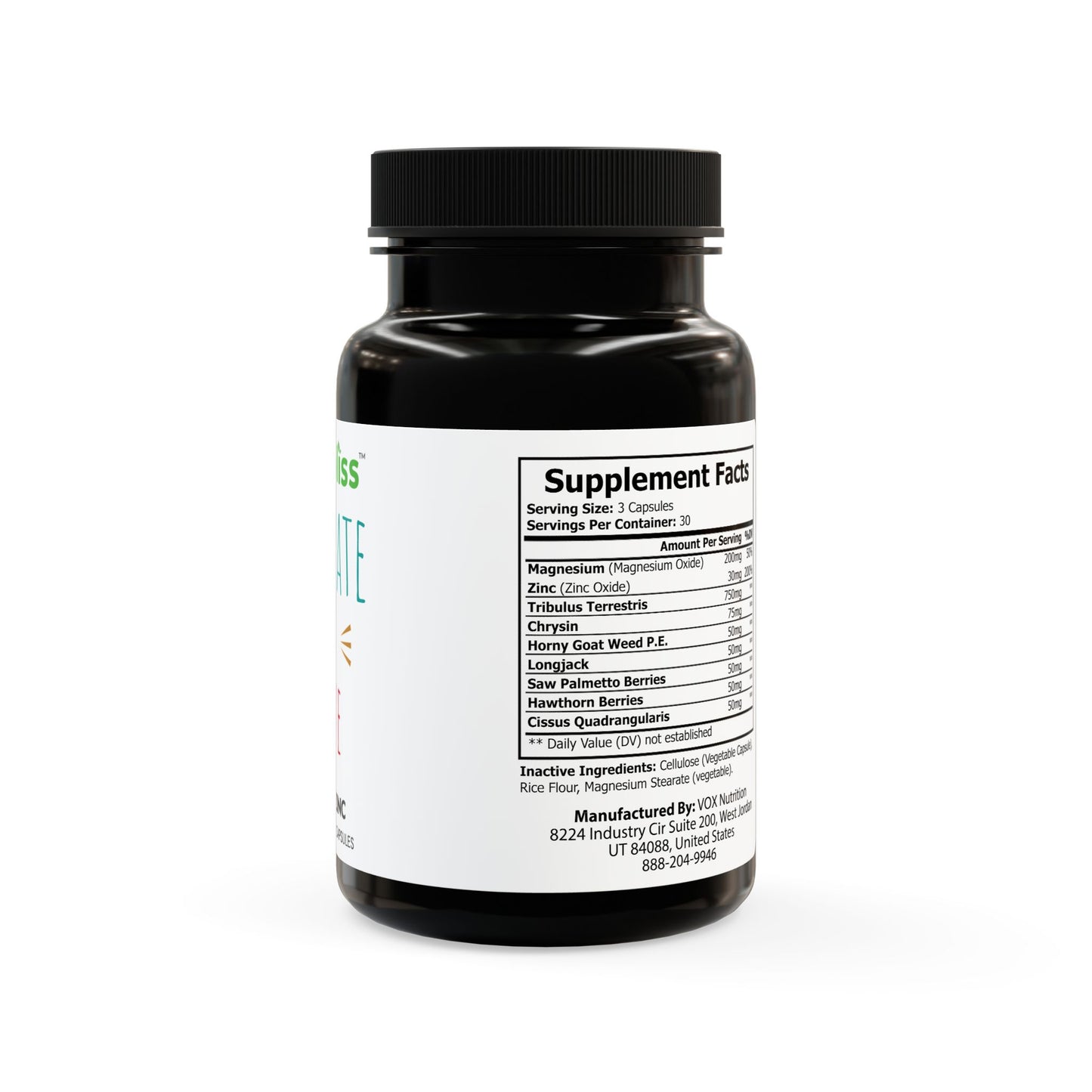 Nutribliss Black supplement bottle with white label on a white background