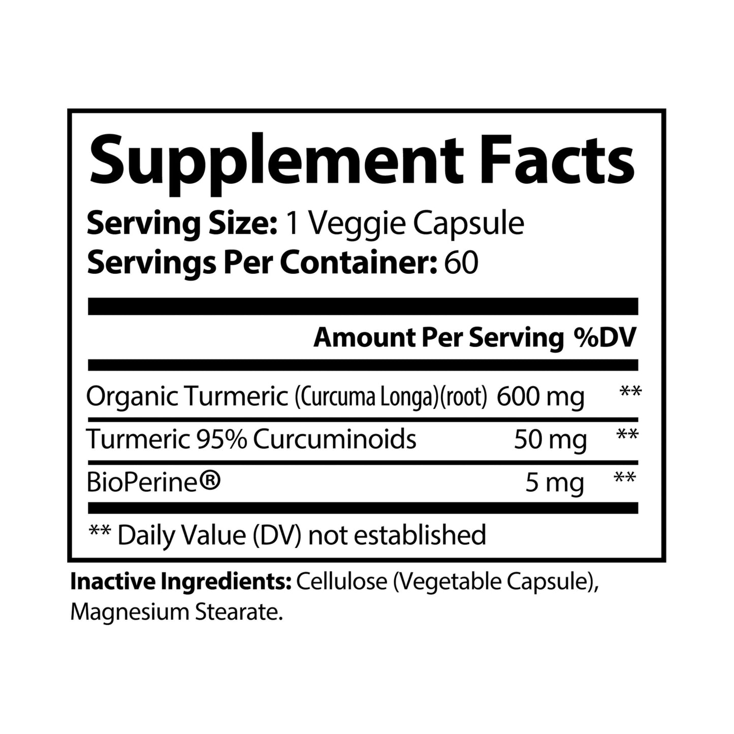 Supplement facts label for a product with organic turmeric and BioPerine on a white background
Nutribliss Turmeric with BioPerine® (Black Pepper Fruit Extract) Supplement (60 Capsules)