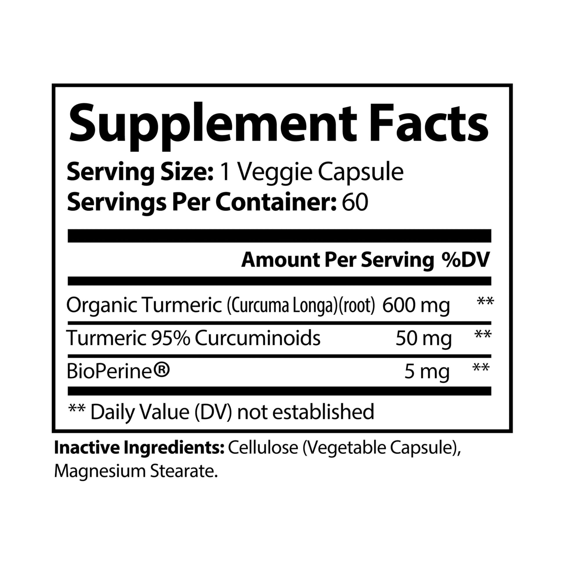 Supplement facts label for a product with organic turmeric and BioPerine on a white background
Nutribliss Turmeric with BioPerine® (Black Pepper Fruit Extract) Supplement (60 Capsules)