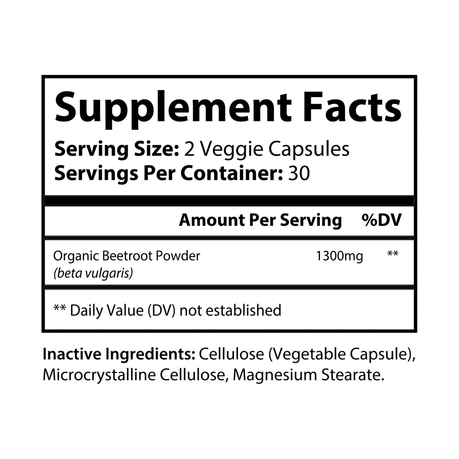 Supplement facts label for organic beetroot powder capsules. Nutribliss Organic Beetroot Supplement (60 Capsules)