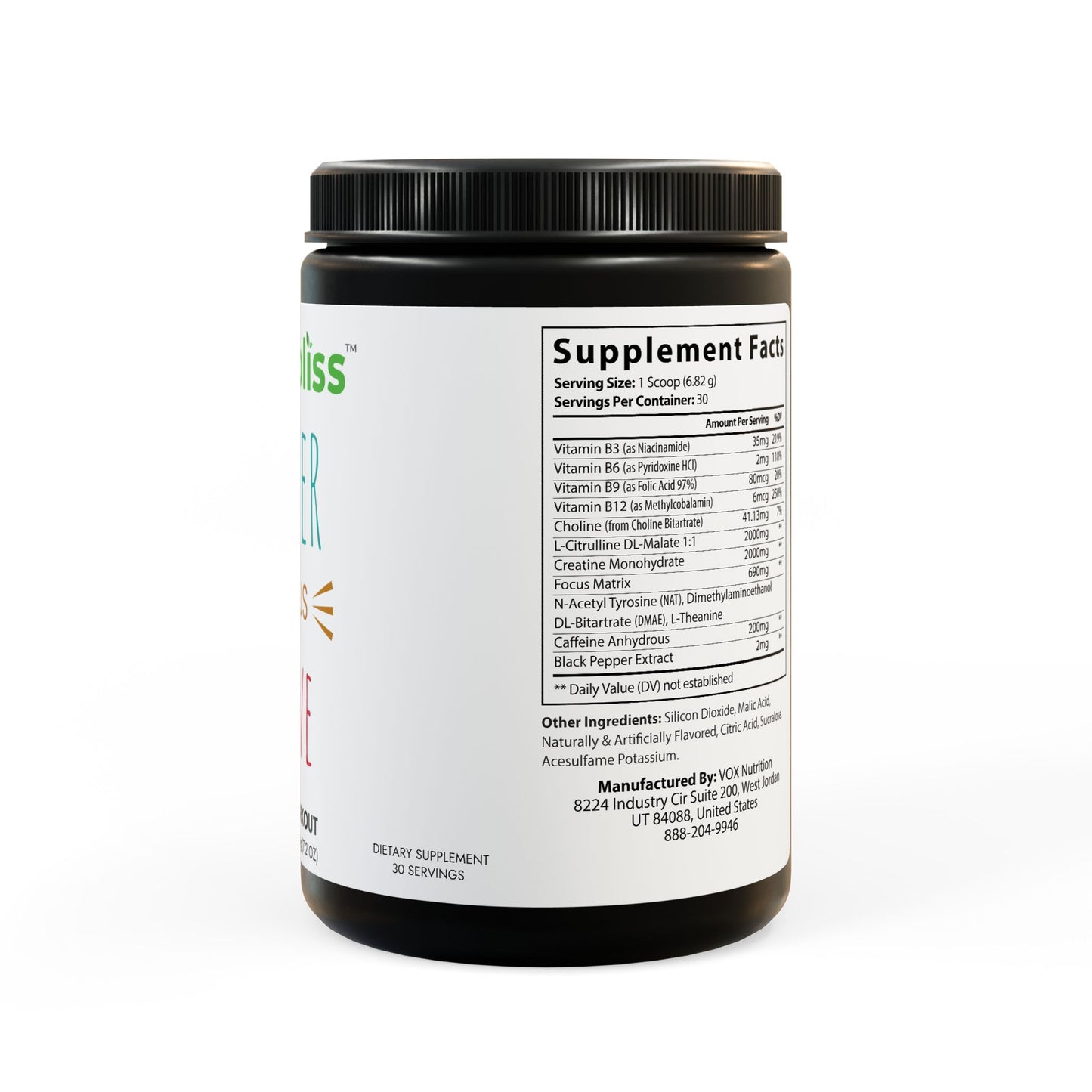 Supplement container with a label showing 'Supplement Facts' on a white background