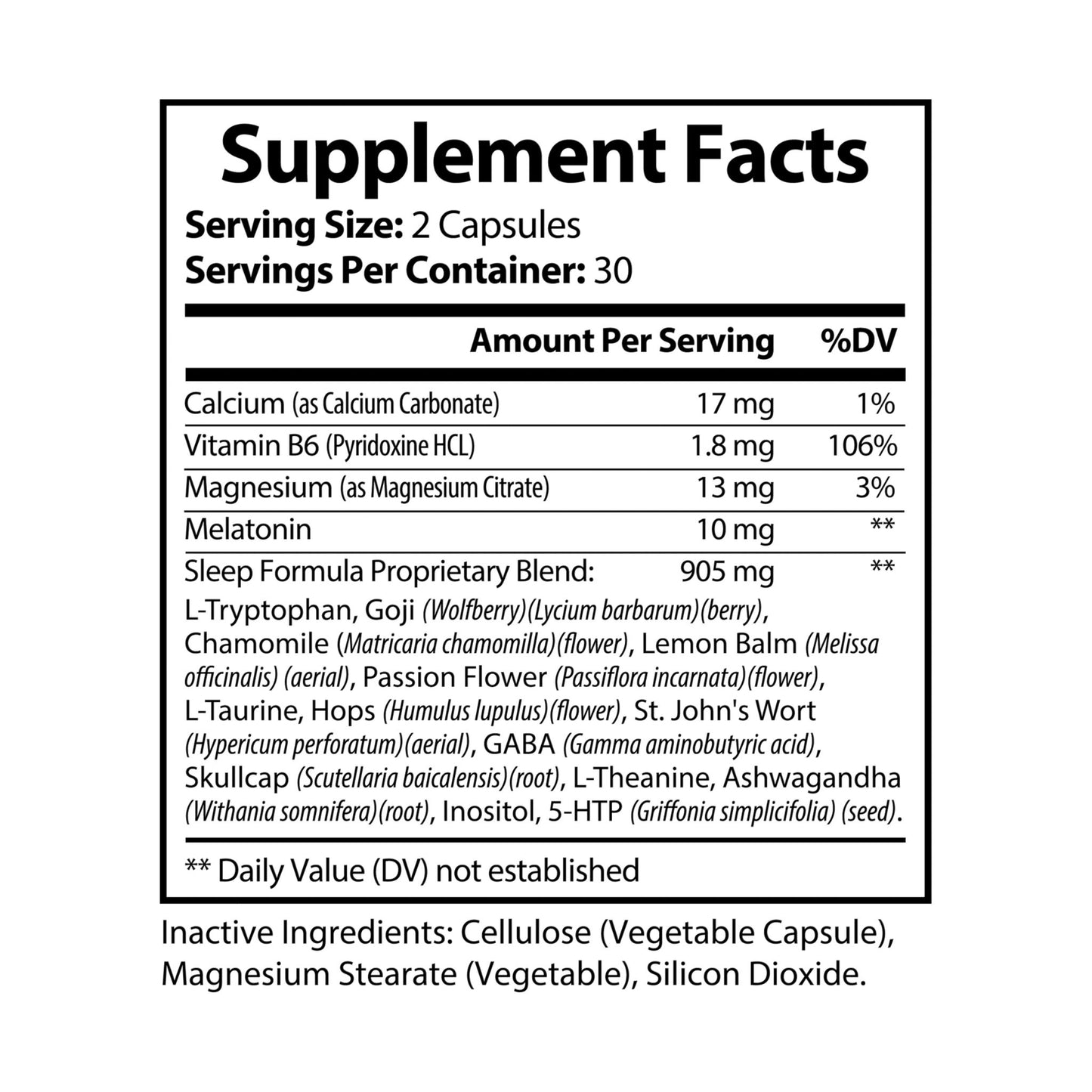 Supplement facts label with detailed ingredient list. Nutribliss Advanced Sleep Formula Supplement (60 Capsules)