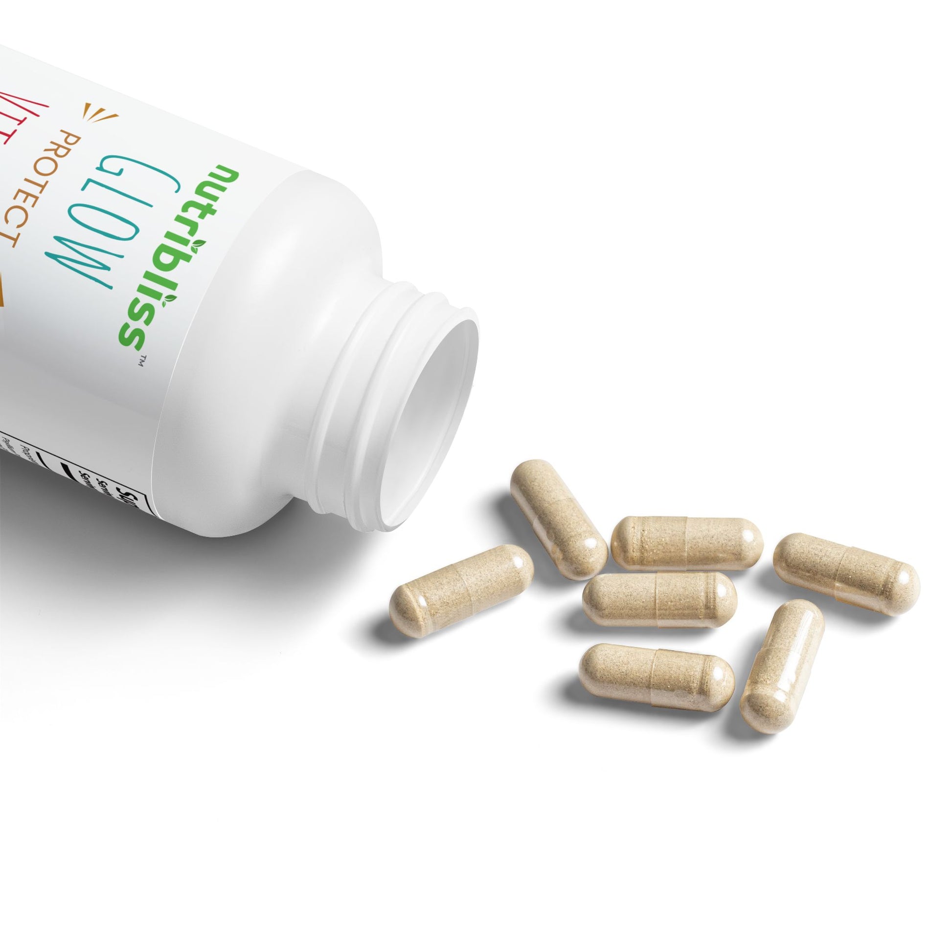 Nutribliss Acai Berry Complex Colon Cleanse & Detox Supplement capsules spilled out.