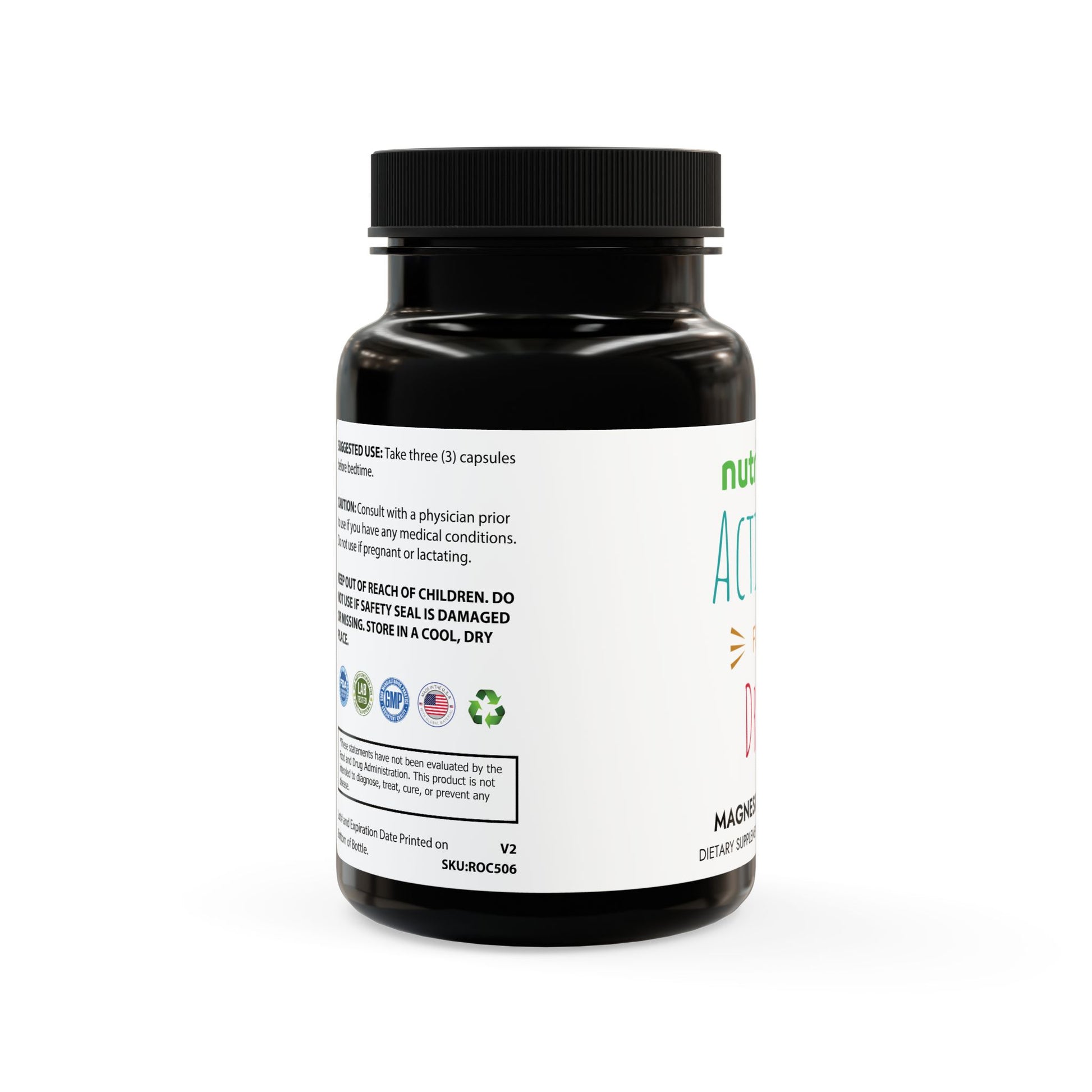 Black supplement bottle with white label on a white background
